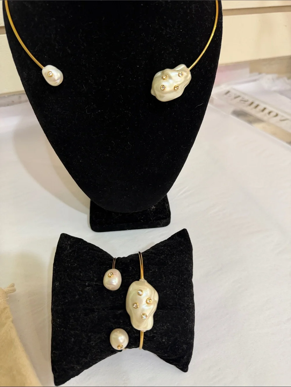 J. Crew Gold Collar Necklace and Bracelet with Pearl Accents